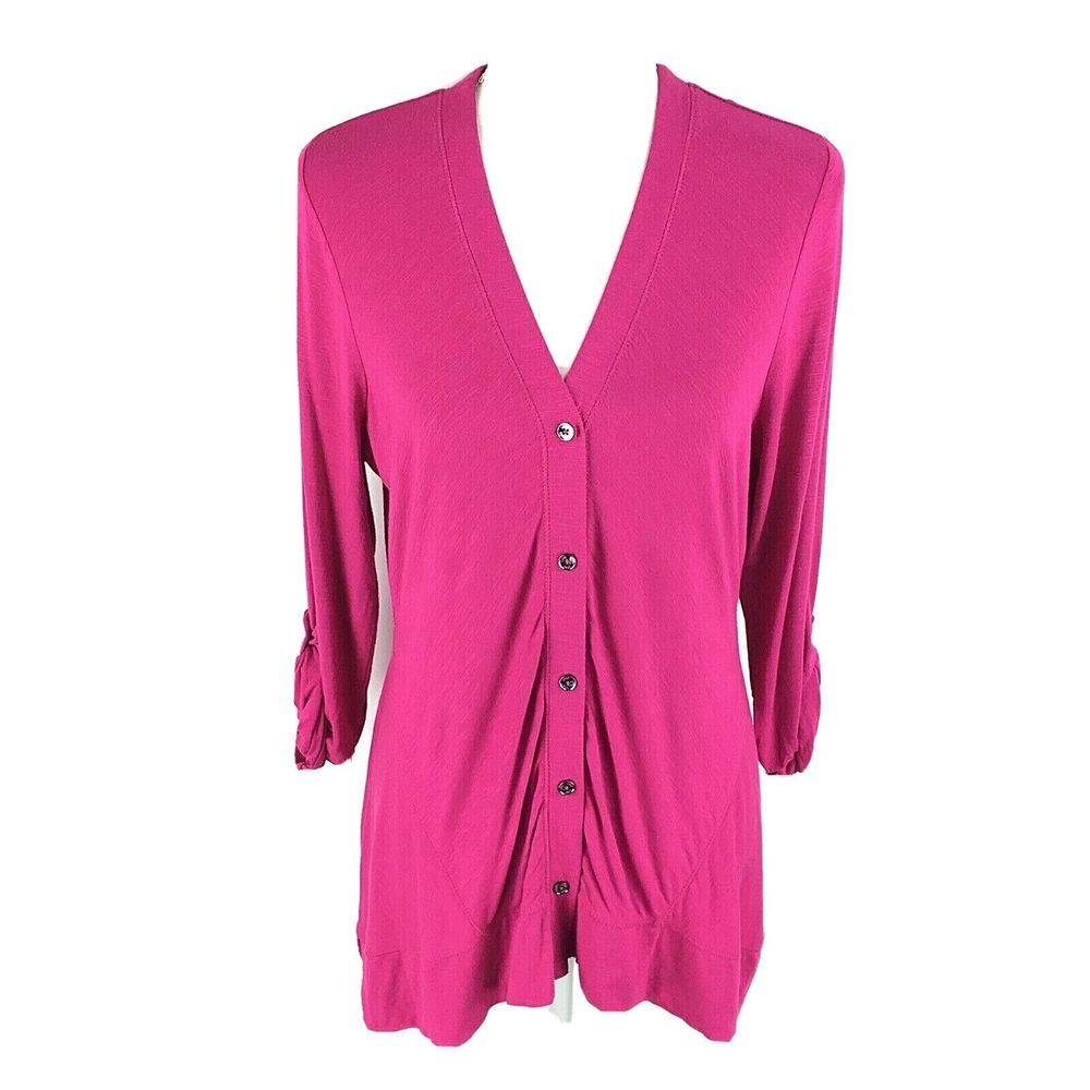 LOGO Lori Goldstein Cardigan Sweater S Small‎ Pink Asymmetric Hem Long Sleeve